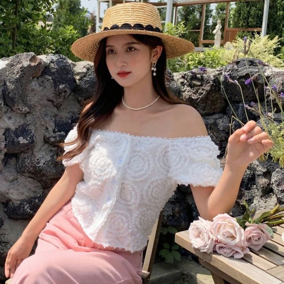 Solid Button Front Puff Sleeve Lace Trim Blouse - Picture 7 of 7